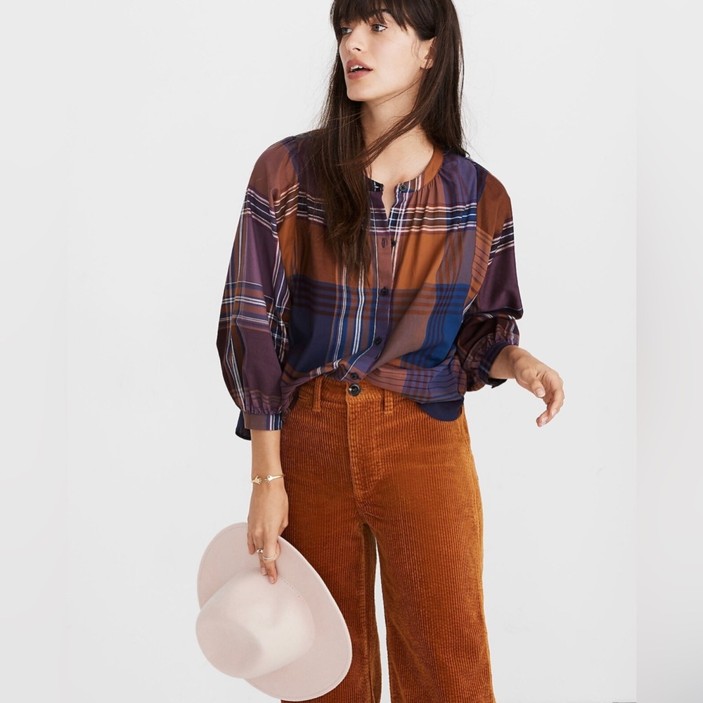 MADEWELL Plaid Peasant Top in Beacon Faded Eggplant Size Small